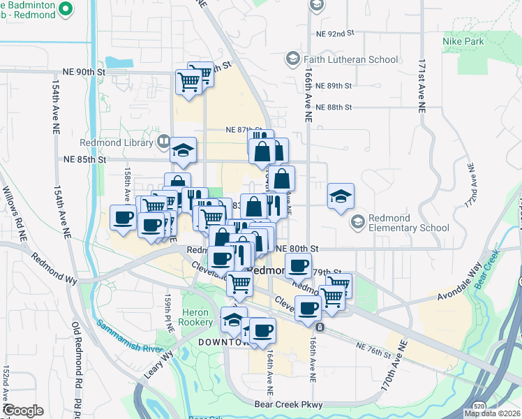 map of restaurants, bars, coffee shops, grocery stores, and more near 16304 Northeast 81st Street in Redmond