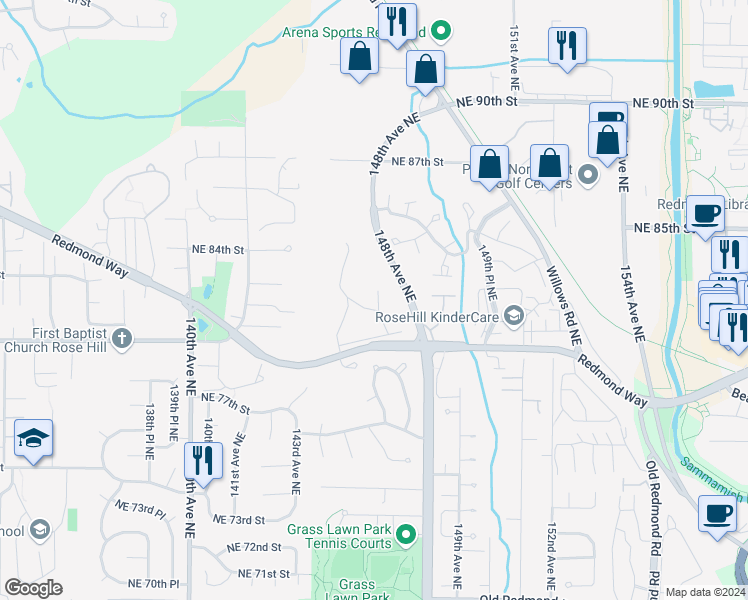 map of restaurants, bars, coffee shops, grocery stores, and more near 8104 146th Court Northeast in Redmond