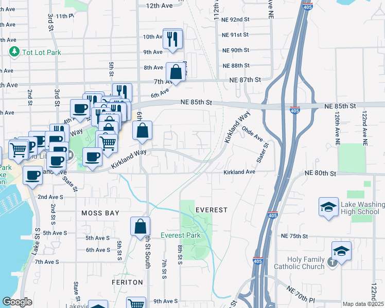 map of restaurants, bars, coffee shops, grocery stores, and more near 821 Kirkland Way in Kirkland