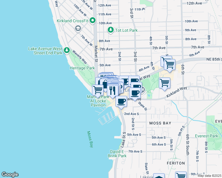 map of restaurants, bars, coffee shops, grocery stores, and more near 30 Lakeshore Plaza in Kirkland