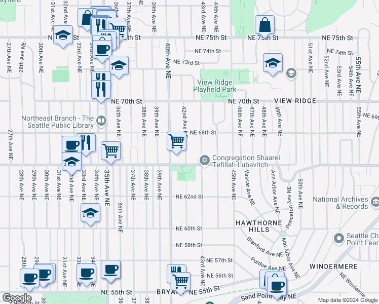 map of restaurants, bars, coffee shops, grocery stores, and more near 4206 Northeast 65th Street in Seattle