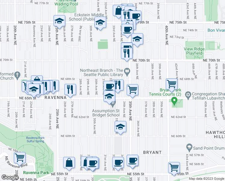 map of restaurants, bars, coffee shops, grocery stores, and more near 3114 Northeast 65th Street in Seattle