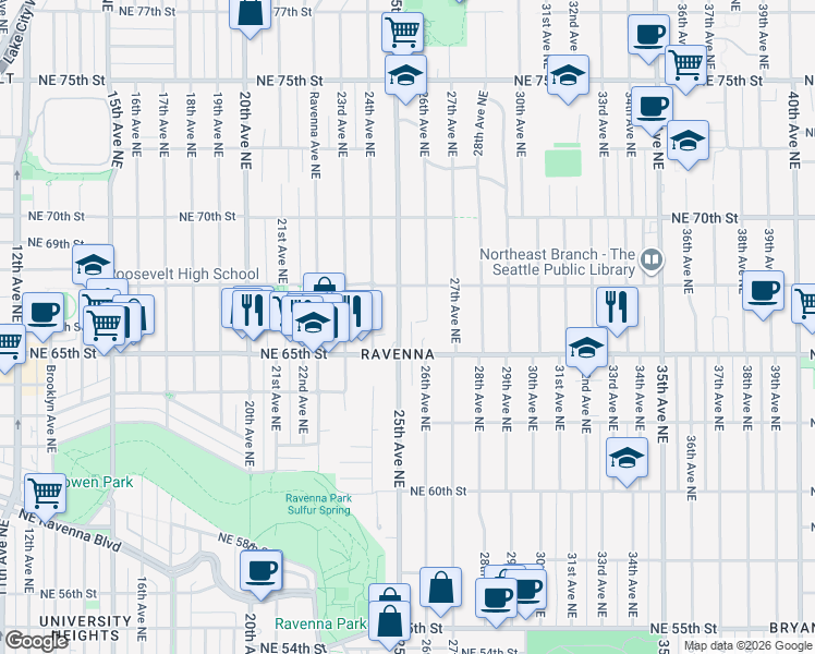 map of restaurants, bars, coffee shops, grocery stores, and more near in Seattle