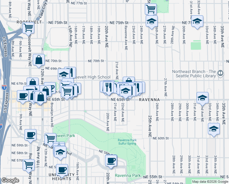 map of restaurants, bars, coffee shops, grocery stores, and more near 2020 Northeast 65th Street in Seattle