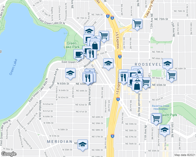 map of restaurants, bars, coffee shops, grocery stores, and more near 6501 5th Avenue Northeast in Seattle