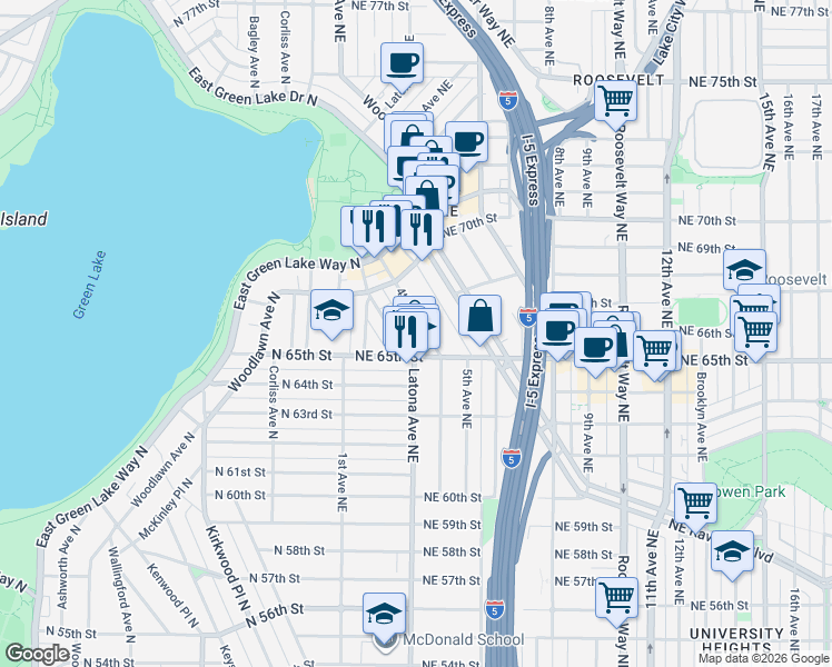 map of restaurants, bars, coffee shops, grocery stores, and more near in Seattle