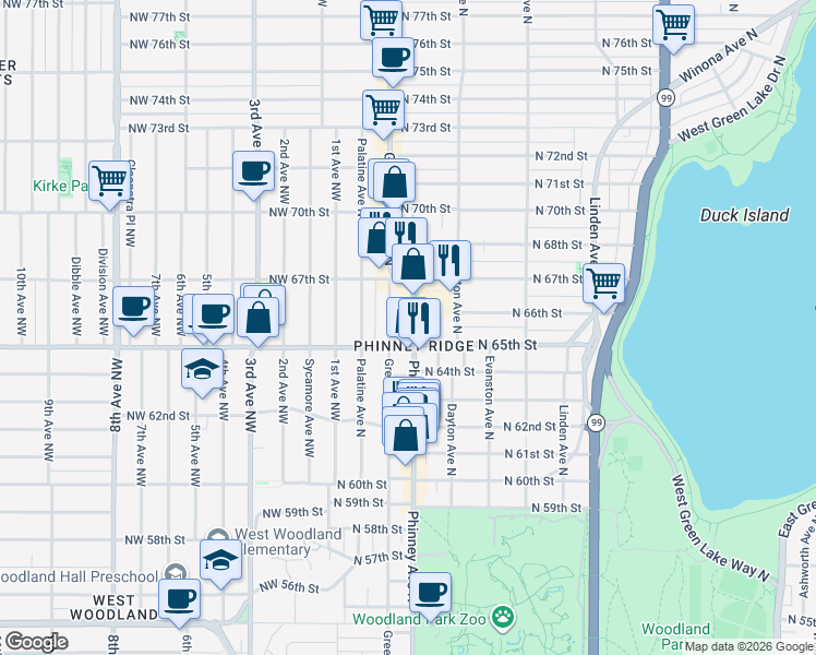 map of restaurants, bars, coffee shops, grocery stores, and more near in Seattle