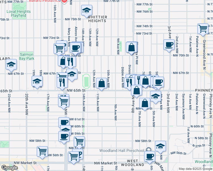 map of restaurants, bars, coffee shops, grocery stores, and more near 1006 Northwest 65th Street in Seattle