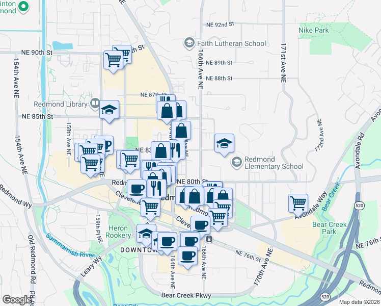 map of restaurants, bars, coffee shops, grocery stores, and more near 8290 165th Avenue Northeast in Redmond