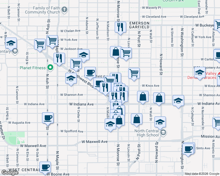 map of restaurants, bars, coffee shops, grocery stores, and more near 1025 West Knox Avenue in Spokane