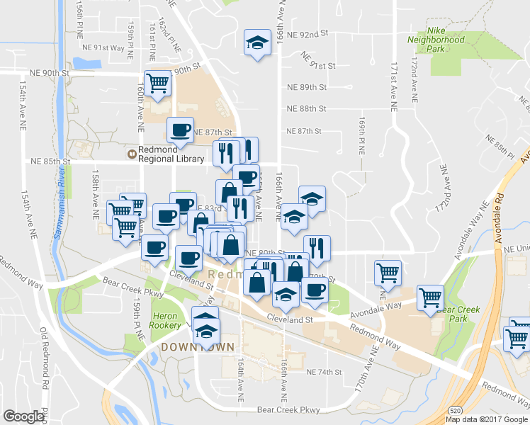 map of restaurants, bars, coffee shops, grocery stores, and more near 8290 165th Avenue Northeast in Redmond
