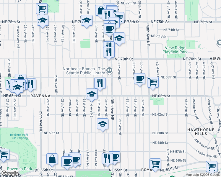 map of restaurants, bars, coffee shops, grocery stores, and more near in Seattle