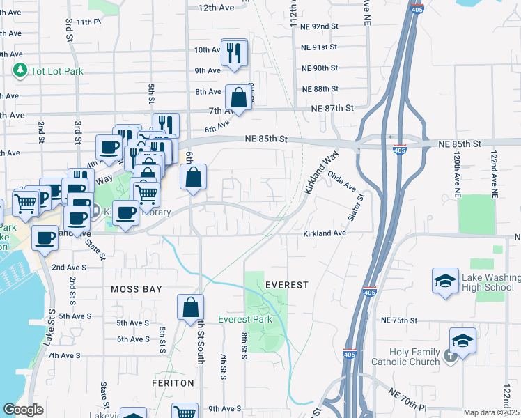 map of restaurants, bars, coffee shops, grocery stores, and more near 830 Kirkland Way in Kirkland