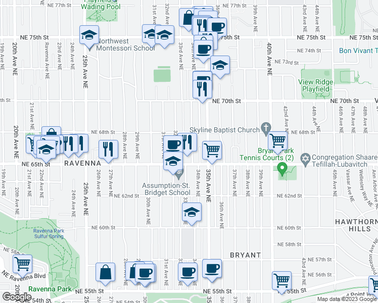 map of restaurants, bars, coffee shops, grocery stores, and more near 6529 34th Avenue Northeast in Seattle
