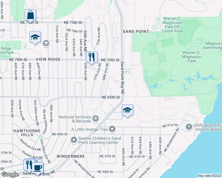 map of restaurants, bars, coffee shops, grocery stores, and more near 6652 Park Point Way Northeast in Seattle