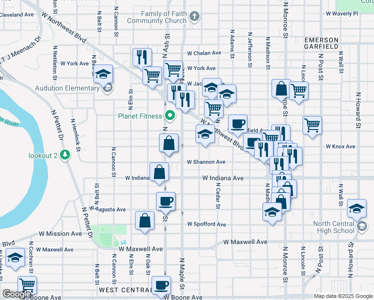 map of restaurants, bars, coffee shops, grocery stores, and more near 1523 West Knox Avenue in Spokane