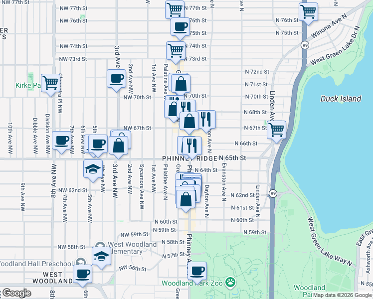 map of restaurants, bars, coffee shops, grocery stores, and more near in Seattle