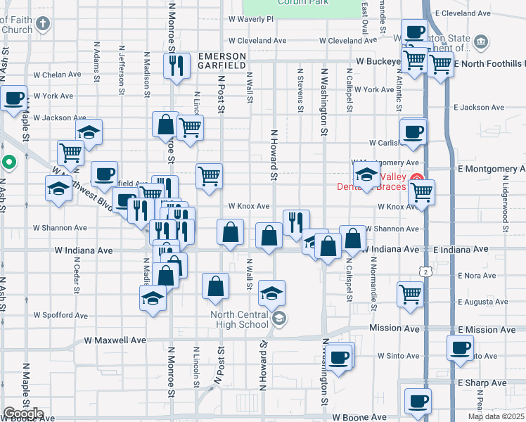 map of restaurants, bars, coffee shops, grocery stores, and more near 624 West Shannon Avenue in Spokane