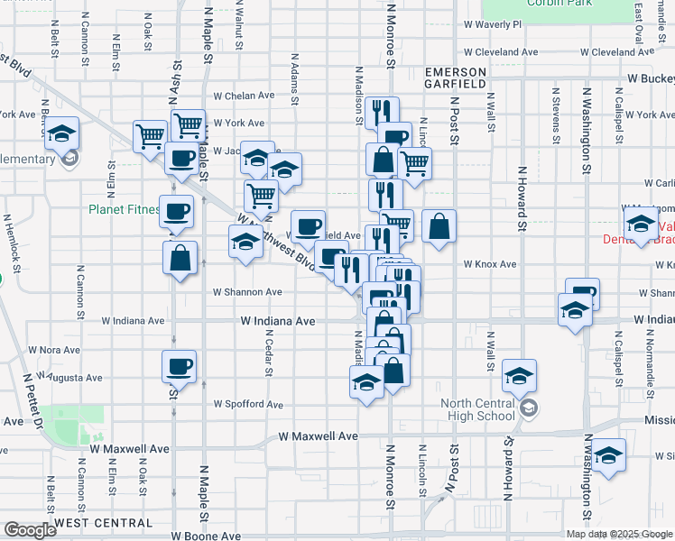map of restaurants, bars, coffee shops, grocery stores, and more near in Spokane