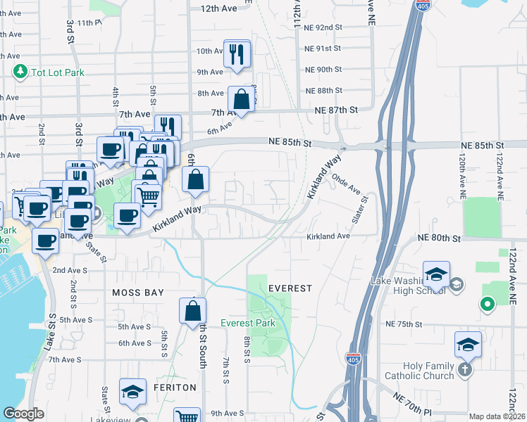 map of restaurants, bars, coffee shops, grocery stores, and more near 830 Kirkland Way in Kirkland