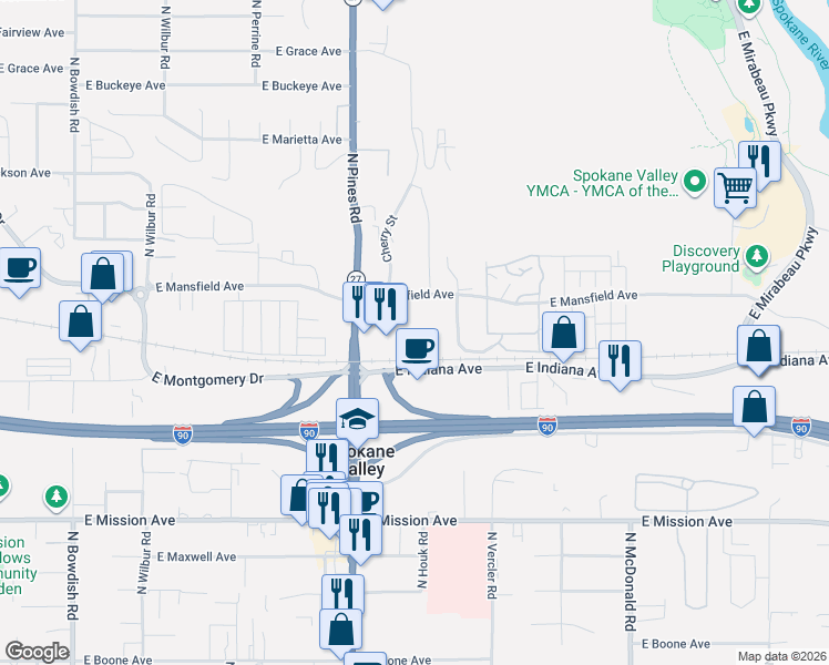 map of restaurants, bars, coffee shops, grocery stores, and more near 12422 East Mansfield Avenue in Spokane