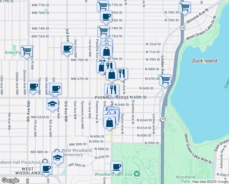 map of restaurants, bars, coffee shops, grocery stores, and more near in Seattle