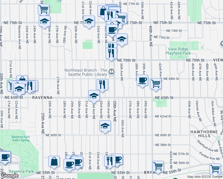 map of restaurants, bars, coffee shops, grocery stores, and more near in Seattle