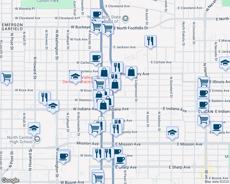 map of restaurants, bars, coffee shops, grocery stores, and more near 102 East Baldwin Avenue in Spokane