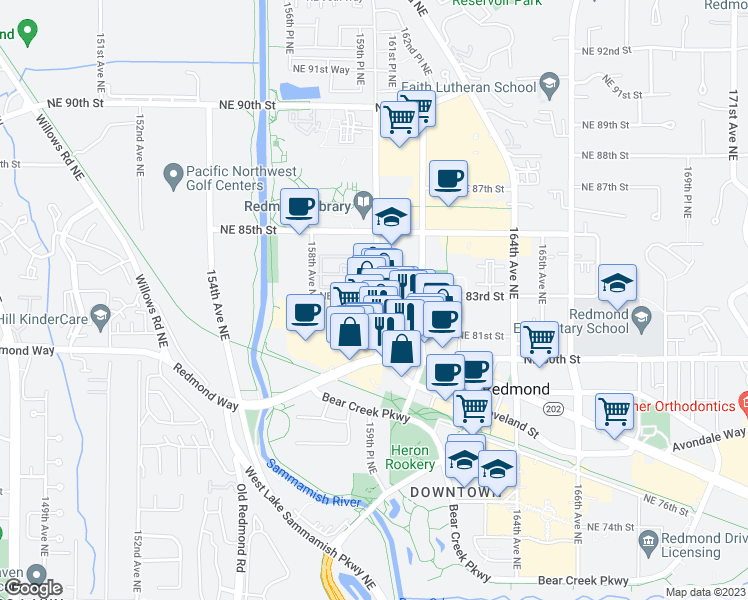 map of restaurants, bars, coffee shops, grocery stores, and more near 8293 160th Avenue Northeast in Redmond