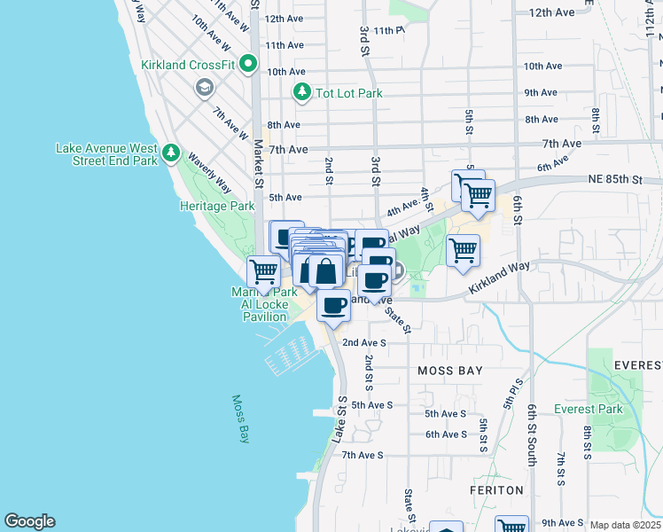 map of restaurants, bars, coffee shops, grocery stores, and more near 107 Park Lane in Kirkland