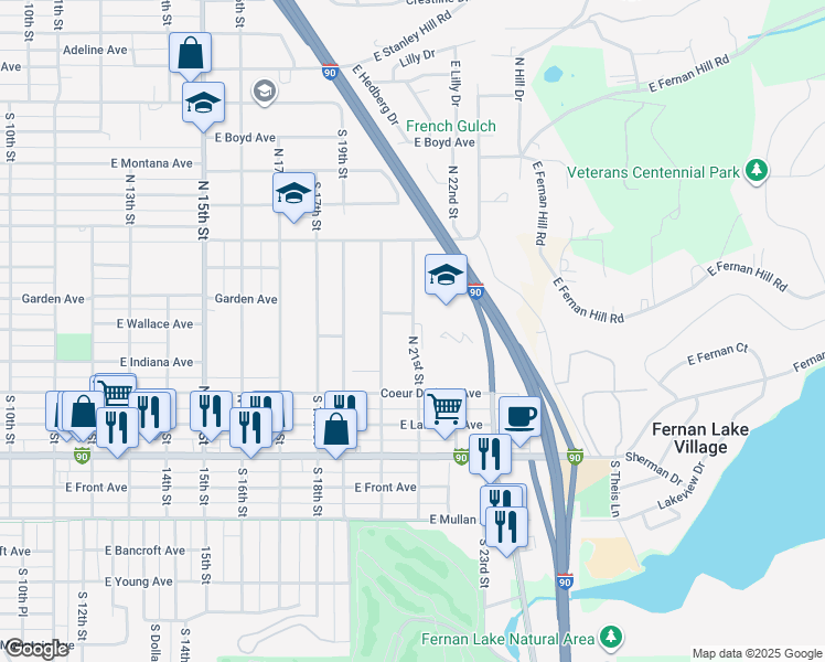 map of restaurants, bars, coffee shops, grocery stores, and more near 407 North 21st Street in Coeur d'Alene