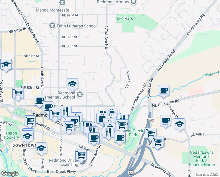 map of restaurants, bars, coffee shops, grocery stores, and more near 8075 171st Avenue Northeast in Redmond