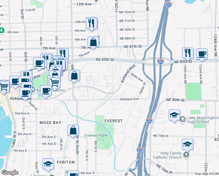 map of restaurants, bars, coffee shops, grocery stores, and more near 1004 Kirkland Avenue in Kirkland