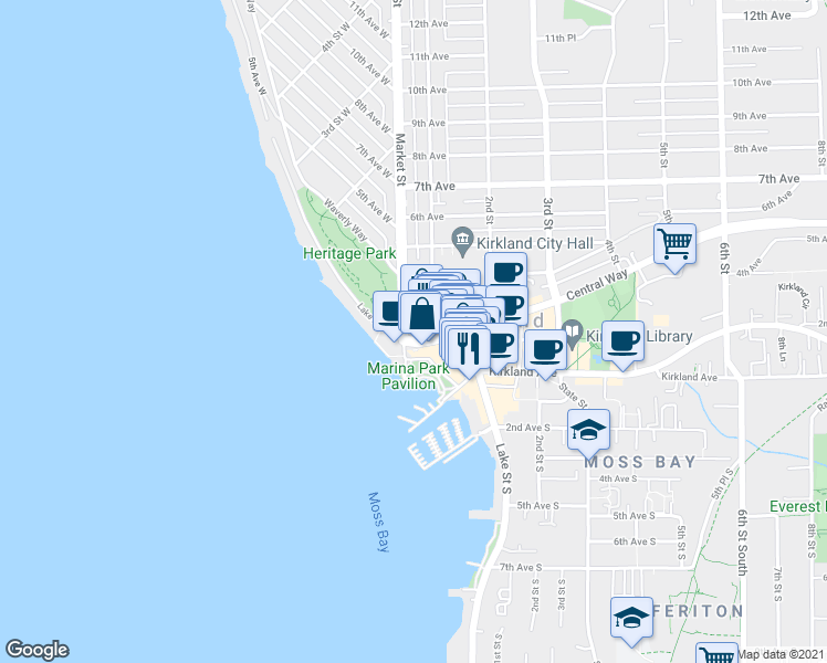 map of restaurants, bars, coffee shops, grocery stores, and more near 111 Lake Avenue West in Kirkland