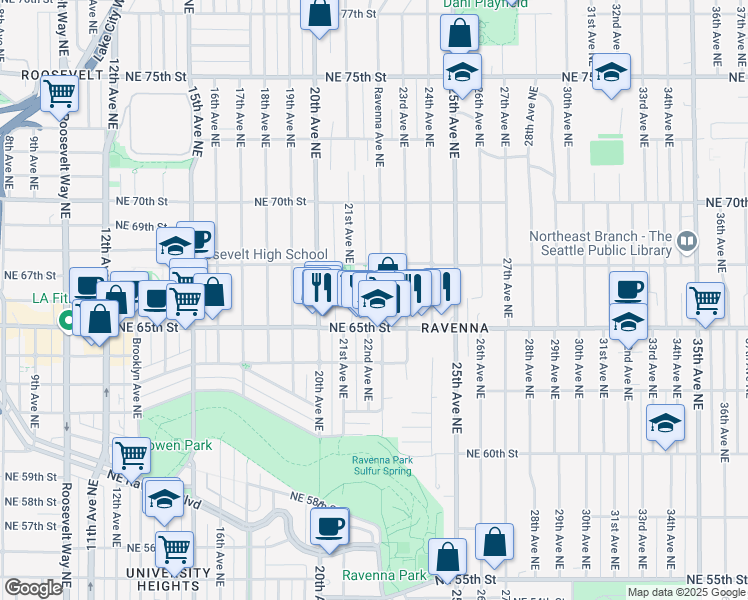 map of restaurants, bars, coffee shops, grocery stores, and more near 6501 Ravenna Avenue Northeast in Seattle