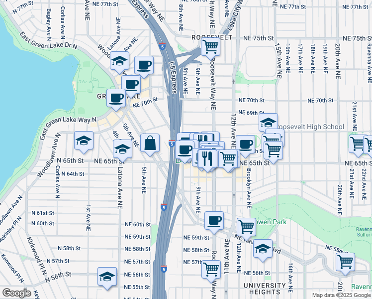 map of restaurants, bars, coffee shops, grocery stores, and more near 608 Northeast 65th Street in Seattle