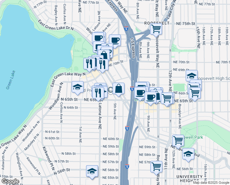 map of restaurants, bars, coffee shops, grocery stores, and more near 6501 5th Avenue Northeast in Seattle