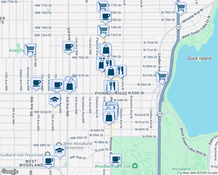map of restaurants, bars, coffee shops, grocery stores, and more near in Seattle