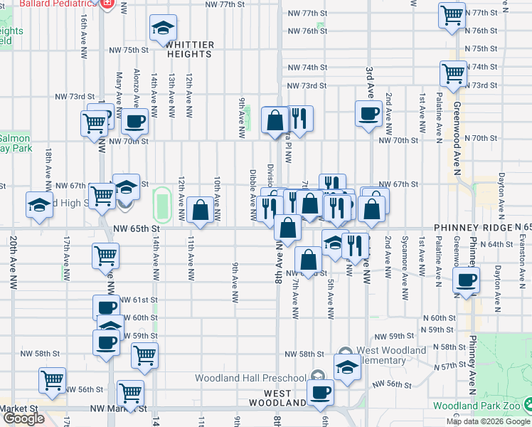 map of restaurants, bars, coffee shops, grocery stores, and more near 819 Northwest 65th Street in Seattle