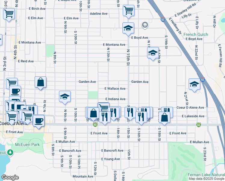 map of restaurants, bars, coffee shops, grocery stores, and more near 1310 East Wallace Avenue in Coeur d'Alene