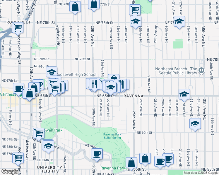 map of restaurants, bars, coffee shops, grocery stores, and more near 6535 Ravenna Avenue Northeast in Seattle