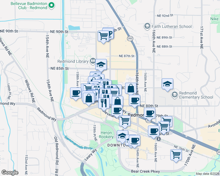 map of restaurants, bars, coffee shops, grocery stores, and more near Northeast 83rd Street & 161st Avenue Northeast in Redmond