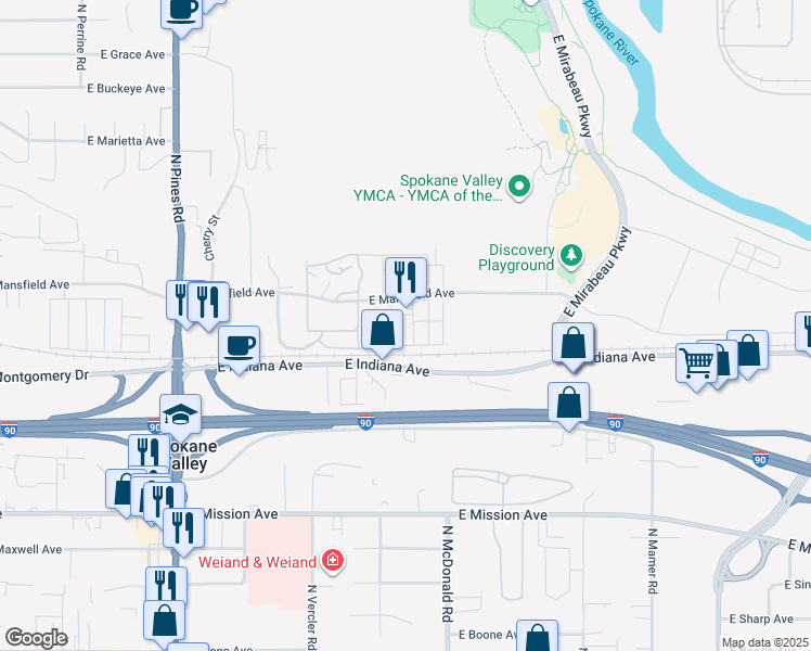 map of restaurants, bars, coffee shops, grocery stores, and more near 12928 East Mansfield Avenue in Spokane Valley