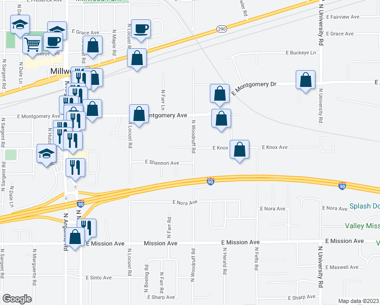 map of restaurants, bars, coffee shops, grocery stores, and more near 2121 North Woodruff Road in Spokane Valley