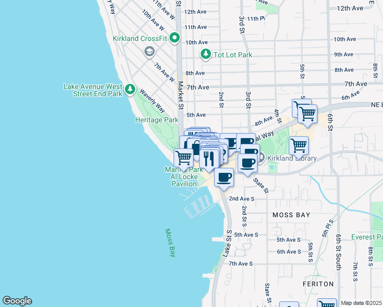 map of restaurants, bars, coffee shops, grocery stores, and more near 221 1st Street in Kirkland