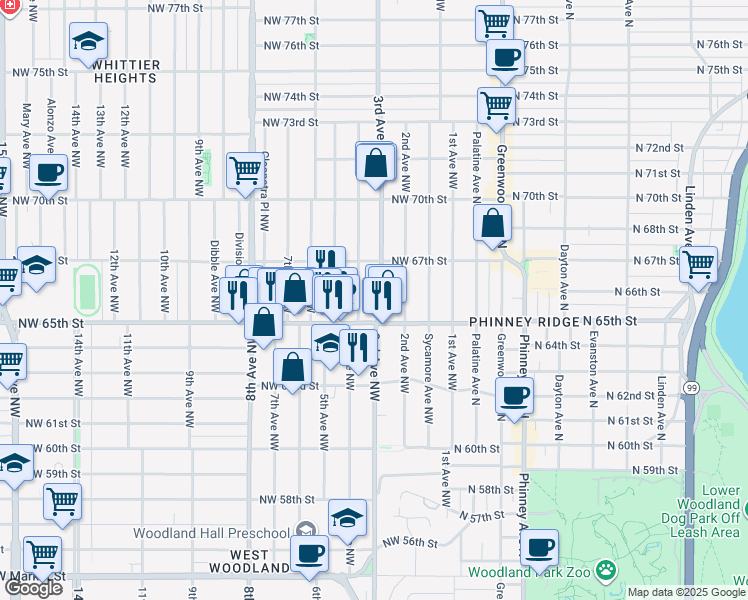 map of restaurants, bars, coffee shops, grocery stores, and more near 6521 3rd Avenue Northwest in Seattle