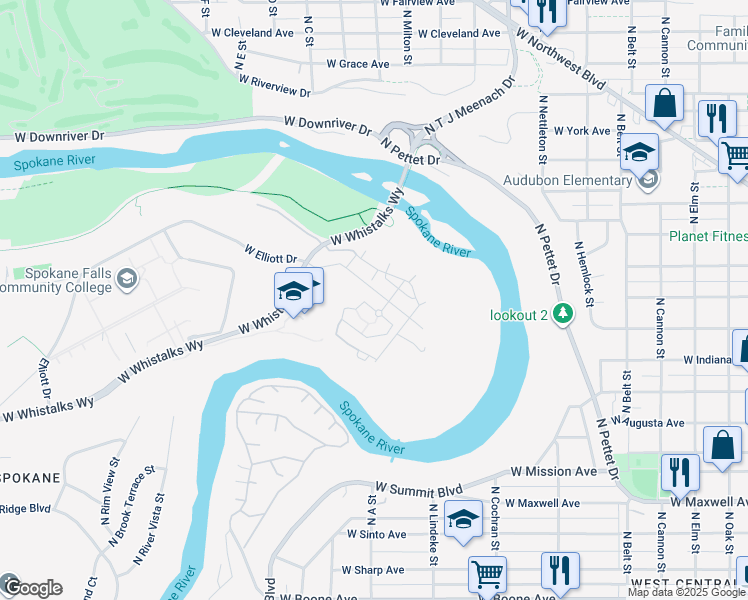 map of restaurants, bars, coffee shops, grocery stores, and more near 2865 West Elliott Drive in Spokane