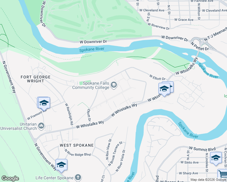 map of restaurants, bars, coffee shops, grocery stores, and more near 3410 West Whistalks Way in Spokane