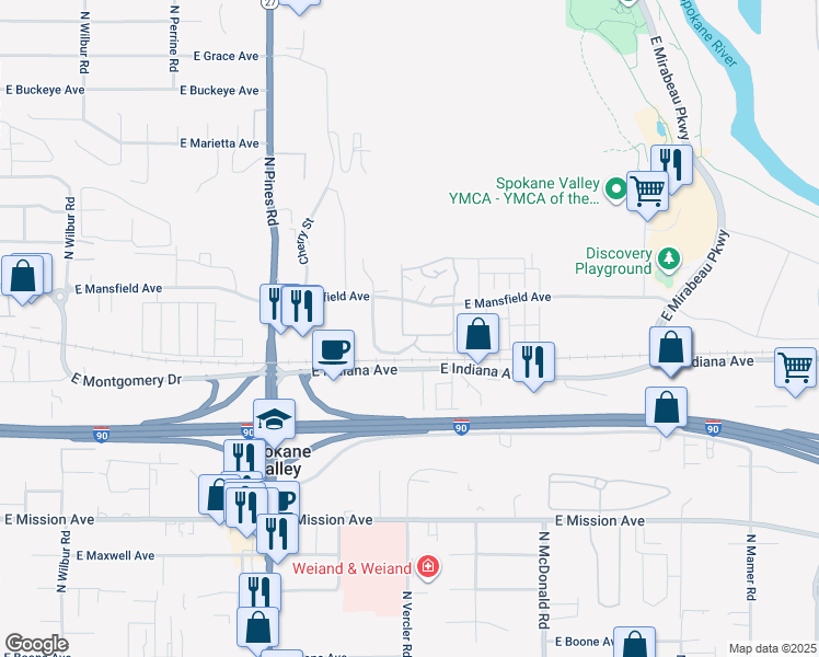 map of restaurants, bars, coffee shops, grocery stores, and more near 12820 East Mansfield Avenue in Spokane Valley