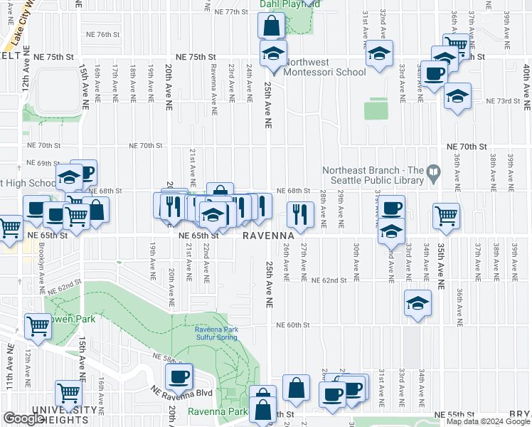 map of restaurants, bars, coffee shops, grocery stores, and more near 6529 25th Avenue Northeast in Seattle